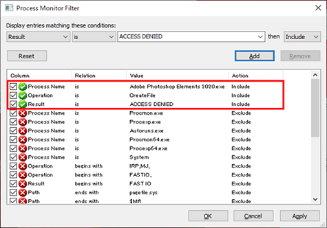 Process Monitor のフィルター設定後