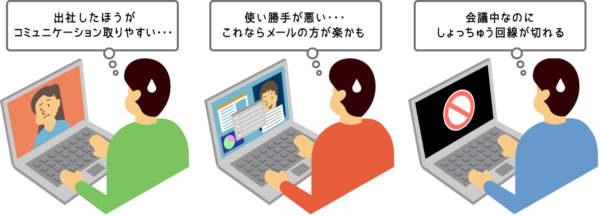 出社したほうがコミュニケーション取りやすい。使い勝手が悪い。会議中なのにしょっちゅう回線が切れる。