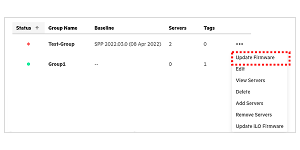 [Server Groups] から […] をクリックすると表示されるActionタブ