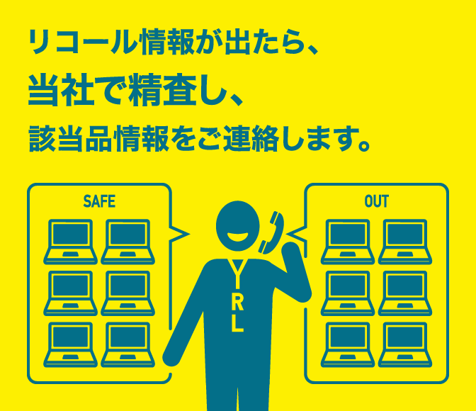 リコール情報が出たら、当社で精査し、該当品情報をご連絡します。